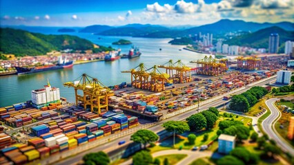 Naklejka premium Aerial Tilt-Shift View of Santos Port: Brazil's 5th Largest Container Port, Stunning Miniature Cityscape