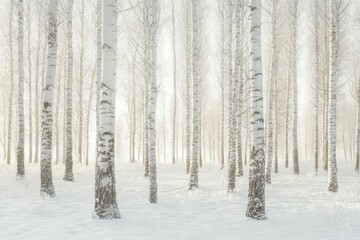 A serene winter forest with white birch trees and snow-covered ground.