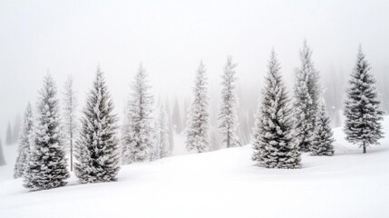 Naklejka premium Snow-covered landscape with evergreen trees in a foggy setting.