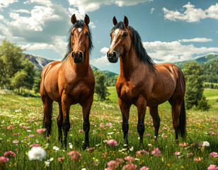 Fototapeta premium Horses stand on a green meadow. Beautiful animals against the backdrop of nature.