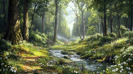 Fototapeta premium A serene forest scene with a stream and vibrant flowers.
