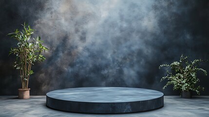 Elegant Dark Studio Product Presentation Round Pedestal with Plants, Ideal for Cosmetics, Jewelry, or Luxury Goods Displays