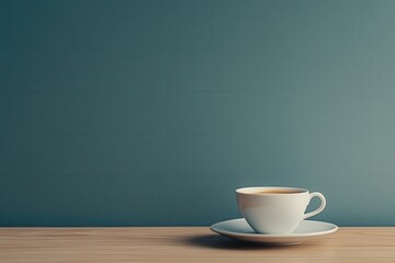 Single cup of coffee on saucer, wooden table. Perfect for cafe, breakfast, or morning themes.