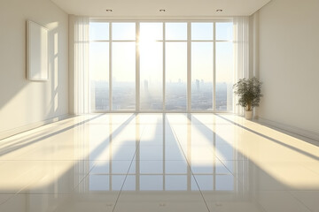 Fototapeta premium Empty room with city view and sunlight.