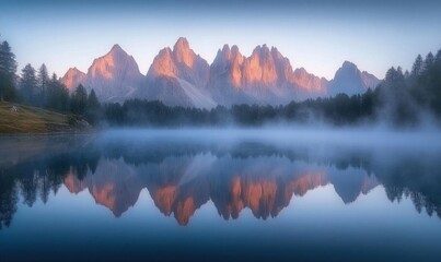 Fototapeta premium Serene mountain landscape reflecting in a calm lake at dawn.