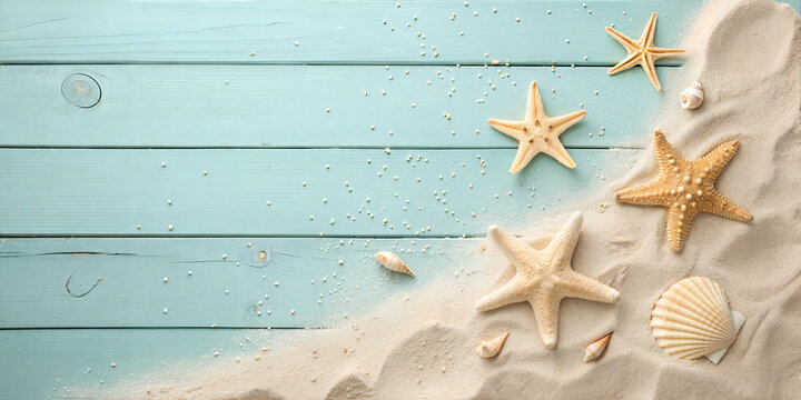 A light teal-blue wooden surface is covered with a scattering of beige sand with several starfish