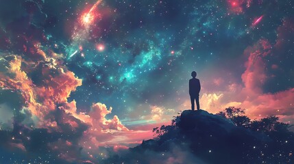 Obraz premium Vast Cosmic Wonder Silhouette of a Figure Gazing at the Expansive Beauty of Space Against a Stunning Digital Cosmic Background