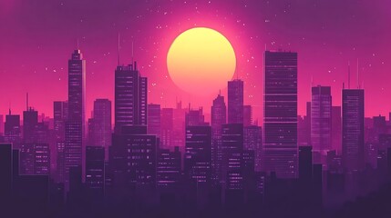 Fototapeta premium Synthwave Cityscape Futuristic Urban Skyline at Sunset Ideal for Sci Fi,Cyberpunk,Retro futuristic Designs