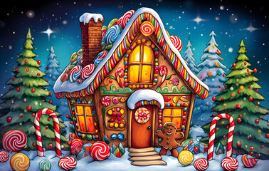 A cozy Christmas gingerbread house decorated with icing and sweets, with a snow-covered roof, festive holiday decorations and a winter atmosphere.