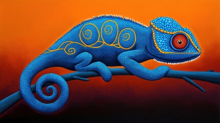 Fototapeta premium Vibrant chameleon observing sunset tropical forest digital artwork colorful environment close-up nature's beauty