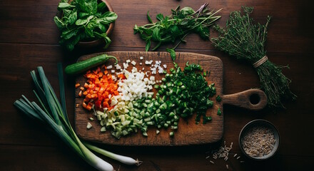 "A wholesome kitchen setting with freshly chopped vegetables on a rustic cutting board, surrounded by herbs and grains."