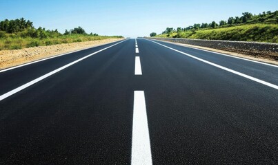 Fototapeta premium A clear, straight road stretches into the horizon under a blue sky.