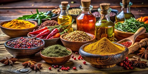 Fototapeta premium Aerial View of Aromatic Spices and Olive Oil in Rustic Bowls on Wooden Table, Capturing the Rich Colors and Textures of Ingredients for Culinary Inspiration