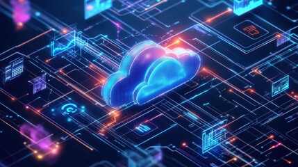 Digital cloud symbol amidst vibrant circuit patterns representing technology.
