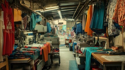 Obraz premium A vibrant garment workshop filled with sewing machines and colorful fabrics.