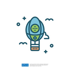 Obraz premium A stylized illustration of a hot air balloon, featuring a blue and green design with circular patterns, surrounded by clouds and decorative elements.