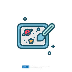 A stylized illustration of a tray with a planet and star, accompanied by a paintbrush, suggesting a creative or artistic theme related to space.