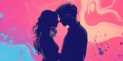 Silhouette of a Couple in Love,Romantic Embrace Against an Abstract Pink and Blue Background Perfect for Valentines Day Cards,Romantic Designs