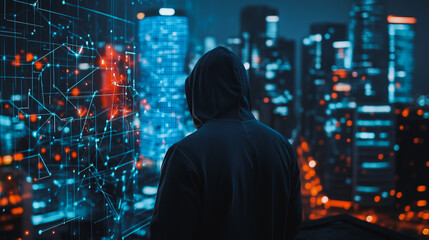 Obraz premium Hacker are planning to hack and attack networks and cyber security , innovative Smart city and graphs with statistics to analyze business potential and predict future developments in company growth.