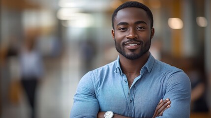 Fototapeta premium Successful male entrepreneur smiling confidently with arms crossed in modern office