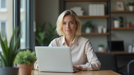 Fototapeta premium a woman sits at a laptop in the office