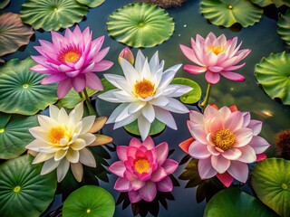 Aerial View Serene Lotus Blooms: Five Pink & White Water Lilies Peaceful Pond Photography