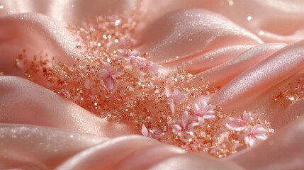 Fototapeta premium Delicate Pink Flowers Adorn Glittering Silk Fabric