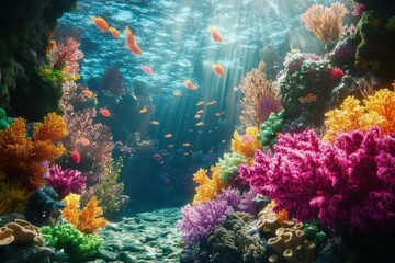 Naklejka premium Vibrant underwater scene with colorful corals and tropical fish.
