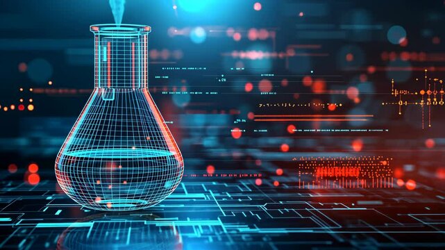 Digital laboratory environment showcasing a glowing flask with data visualization elements in a futuristic setting