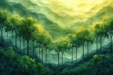 Fototapeta premium A painting of a forest with trees and mountains in the background