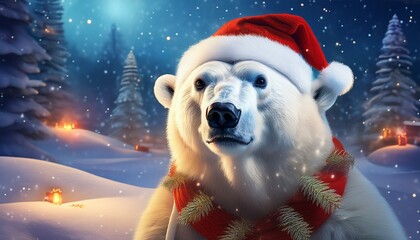 Fototapeta premium Christmas polar bear dressed as Santa in snowy winter landscape, holiday spirit on display 