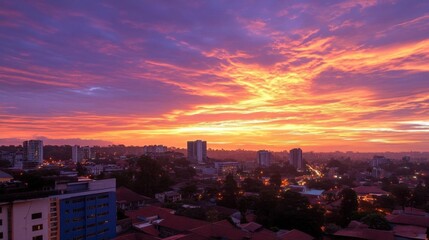 Fototapeta premium A vibrant sunset over a cityscape, illuminating buildings and streets.