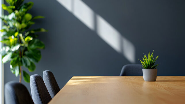 View of part of a minimalist clean meeting room table with modern style chairs and copy space , office conference room banner background with clean backdrop and natural light