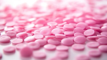 Pink round tablets scattered on a white surface