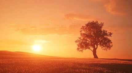 Fototapeta premium Solitary tree silhouetted against a vibrant sunset over a gently rolling field.