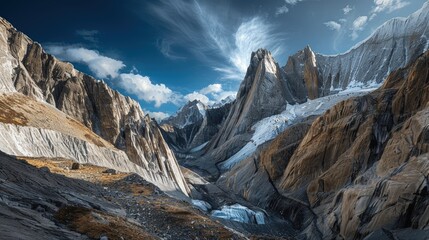 High-end photography of a dramatic mountain range with a glacier and a deep blue sky in the background