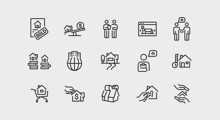 Real estate icons. Set of 15 trendy minimal icons related to property and housing. Features house, handshake, sold sign, contract, moving truck, and pet-friendly icon. Vector illustration 