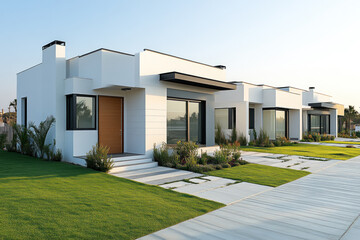 Modern white bungalows with green lawns and paved walkways.