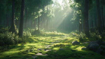 Obraz premium Sunbeams illuminate a path through a lush, misty forest, dappled sunlight on moss and rocks.