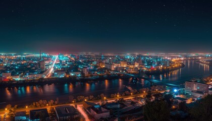 Night cityscape with illuminated buildings and river reflections.