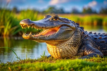 Fototapeta premium American Alligator, Kissimmee Preserve, Florida Wildlife, Reptile, Full Body, High Depth of Field, Grassland Habitat, Jaws, Teeth, Wildlife Photography