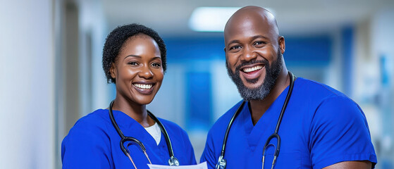 Healthcare innovation concept, Two healthcare professionals in blue scrubs smiling and holding documents in a hospital corridor, showcasing teamwork and positivity.