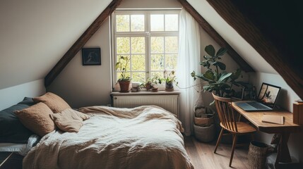 Fototapeta premium Cozy attic bedroom with plants and workspace by the window.