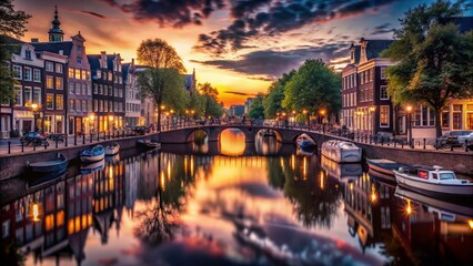Fototapeta premium Amsterdam Canal Silhouette Photography: Romantic Dusk, Boats, Bridges, Cityscape