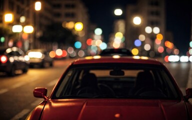 A blurred city street scene at night with a focus on a red car in the foreground.
