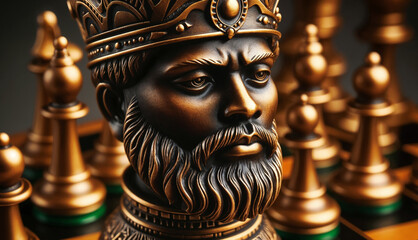 Obraz premium A close-up of a golden chess king piece with ornate details, surrounded by other blurred chess pieces on a wooden board