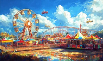Obraz premium A vibrant amusement park scene with rides, games, and colorful tents.