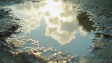Sunlit clouds reflected in a small puddle on the ground.