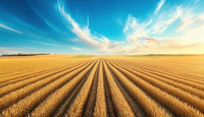 A vast golden wheat field under a bright blue sky with clouds.