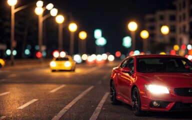 Fototapeta premium A red car parked on a city street at night, with blurred lights in the background.